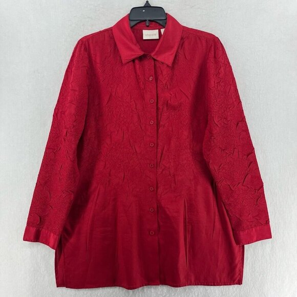 Chico's Blouse Womens 1 US Medium Ruby Red Crinkled Button Up Satin Long Sleeve - Picture 1 of 12